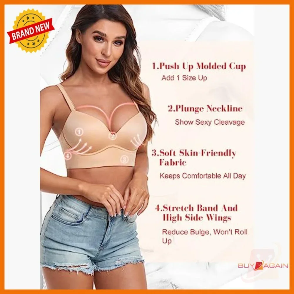 Plunge Push Up Bra Wirefree Padded Longline Supportive V Neck T Shirt